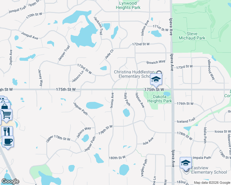 map of restaurants, bars, coffee shops, grocery stores, and more near 17525 Italy Path in Lakeville