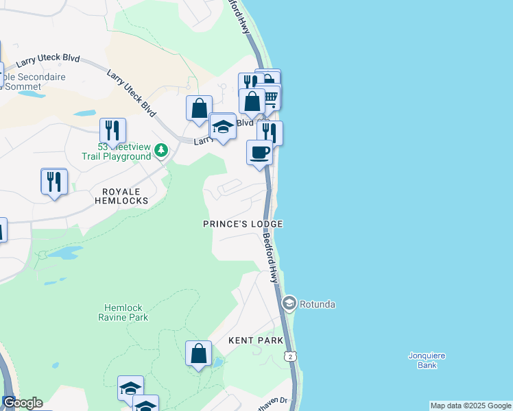 map of restaurants, bars, coffee shops, grocery stores, and more near 38 Shaunslieve Drive in Halifax