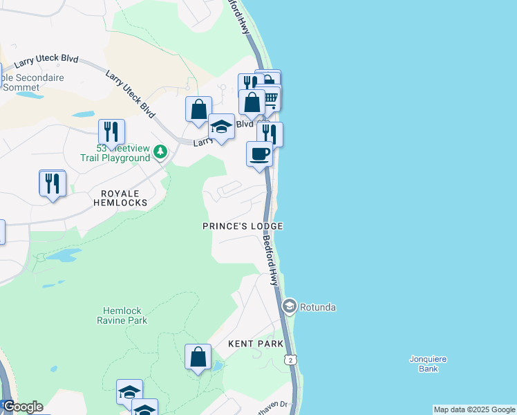 map of restaurants, bars, coffee shops, grocery stores, and more near 38 Shaunslieve Drive in Halifax