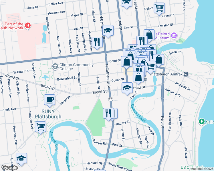 map of restaurants, bars, coffee shops, grocery stores, and more near 46 Broad Street in Plattsburgh