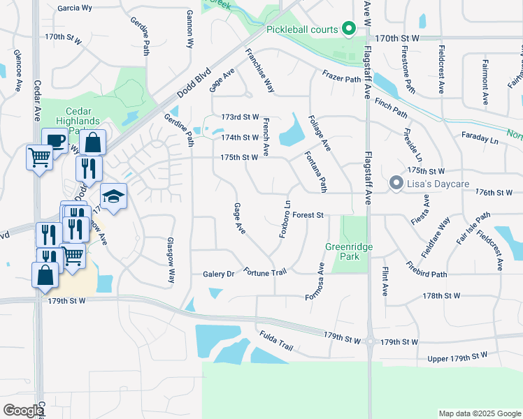 map of restaurants, bars, coffee shops, grocery stores, and more near 17585 Foxboro Court in Farmington