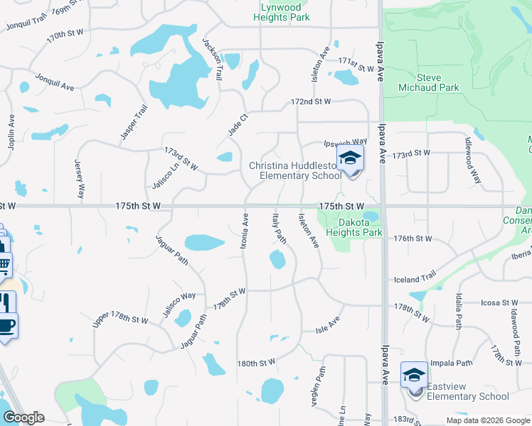map of restaurants, bars, coffee shops, grocery stores, and more near 17525 Italy Path in Lakeville