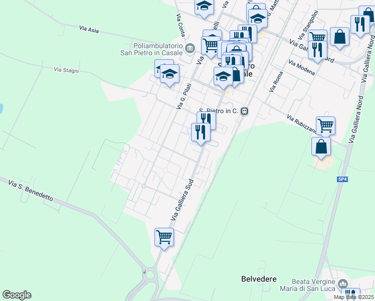 map of restaurants, bars, coffee shops, grocery stores, and more near 55 via Balilla Magli in San Pietro In Casale