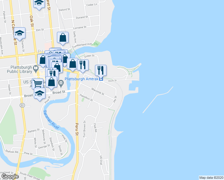 map of restaurants, bars, coffee shops, grocery stores, and more near 25 Jay Street in Plattsburgh
