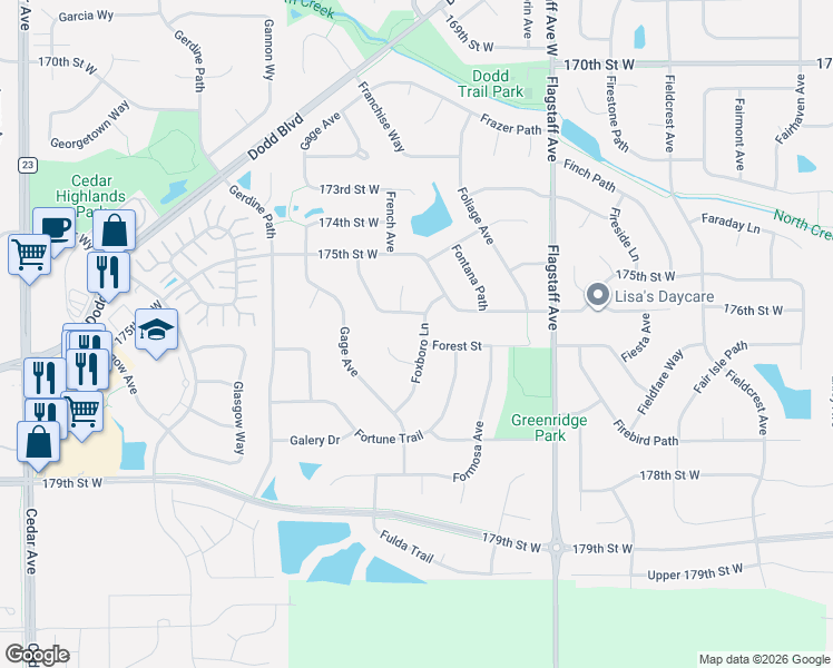 map of restaurants, bars, coffee shops, grocery stores, and more near 17569 Foxboro Lane in Farmington