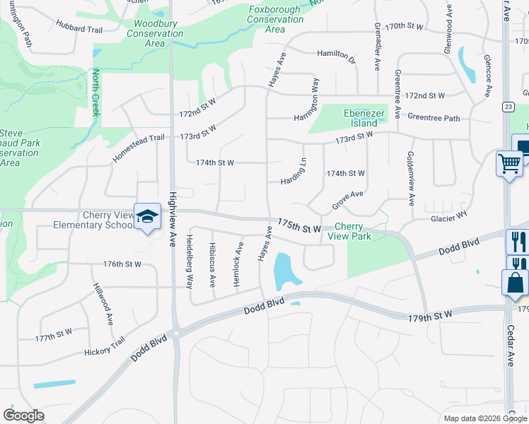 map of restaurants, bars, coffee shops, grocery stores, and more near 17493 Hayes Avenue in Lakeville