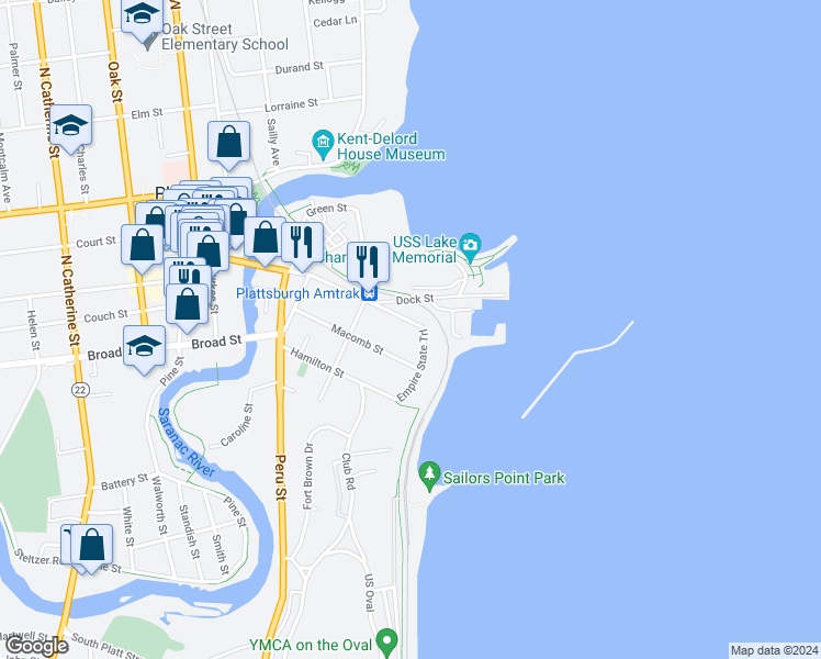 map of restaurants, bars, coffee shops, grocery stores, and more near 25 Jay Street in Plattsburgh