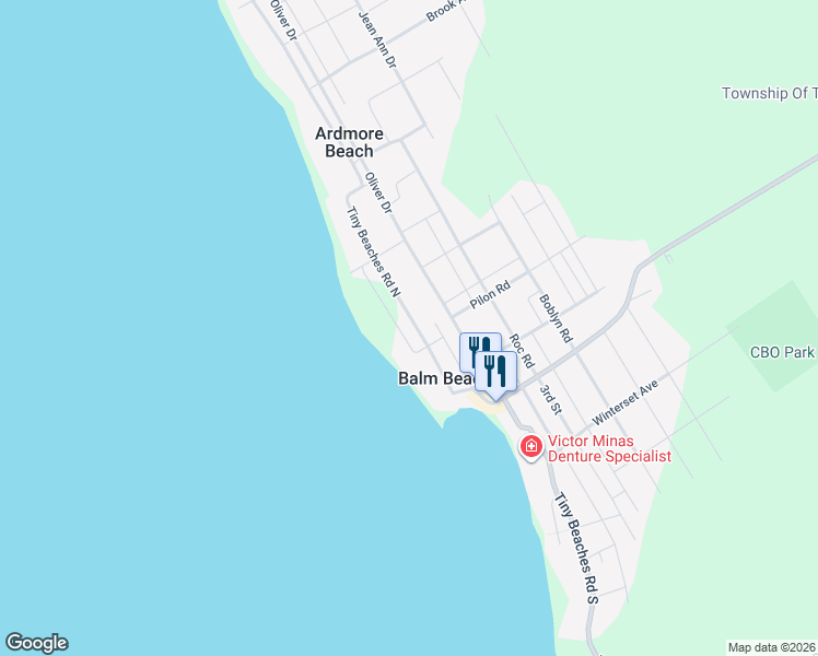 map of restaurants, bars, coffee shops, grocery stores, and more near 50 Tiny Beaches Road North in Simcoe County