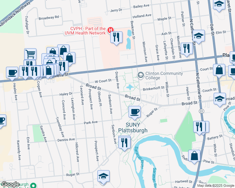 map of restaurants, bars, coffee shops, grocery stores, and more near 131 Broad Street in Plattsburgh