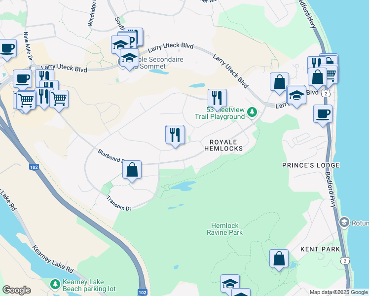 map of restaurants, bars, coffee shops, grocery stores, and more near 66 Cutter Drive in Halifax