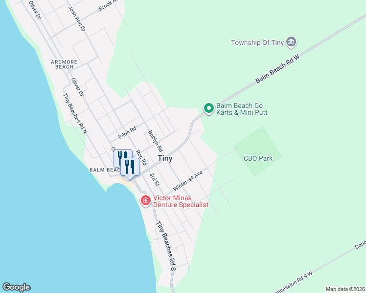 map of restaurants, bars, coffee shops, grocery stores, and more near 311 Balm Beach Road West in Tiny