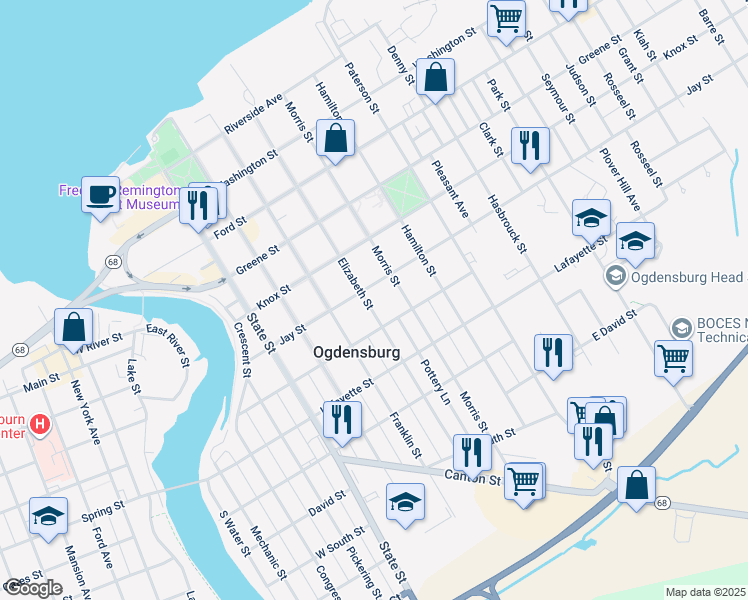 map of restaurants, bars, coffee shops, grocery stores, and more near 615 Elizabeth Street in Ogdensburg