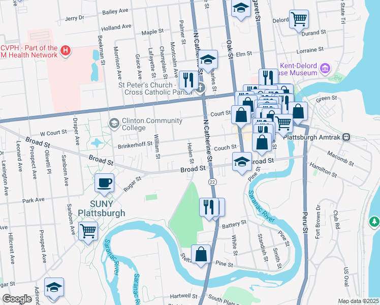 map of restaurants, bars, coffee shops, grocery stores, and more near 37 Couch Street in Plattsburgh