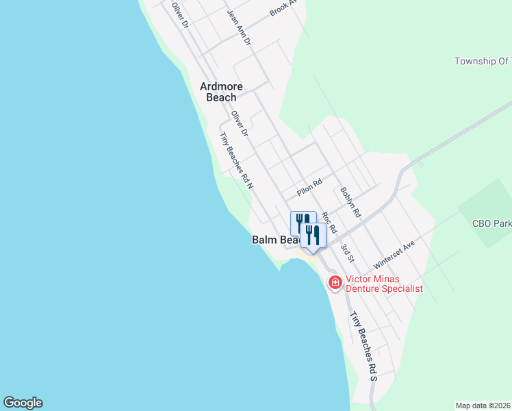 map of restaurants, bars, coffee shops, grocery stores, and more near 50 Tiny Beaches Road North in Simcoe County