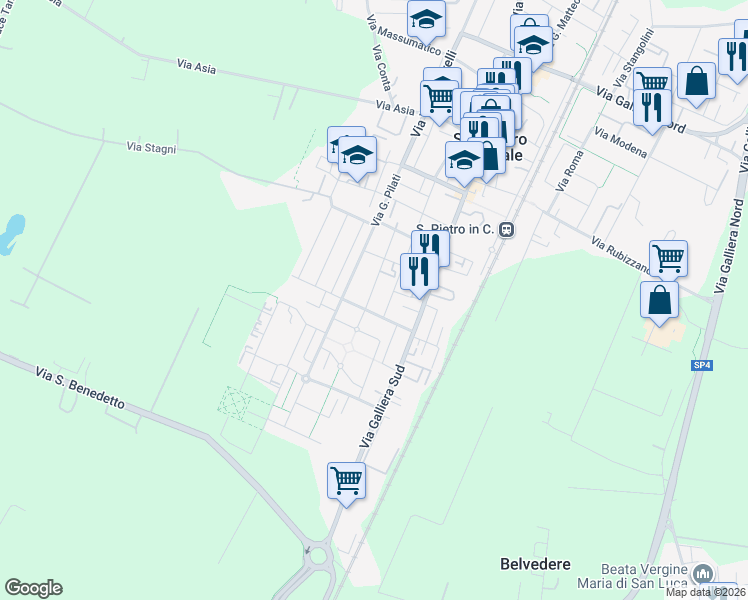 map of restaurants, bars, coffee shops, grocery stores, and more near 102 Via Sandro Pertini in San Pietro In Casale