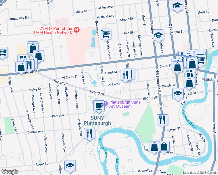 map of restaurants, bars, coffee shops, grocery stores, and more near 145 Brinkerhoff Street in Plattsburgh