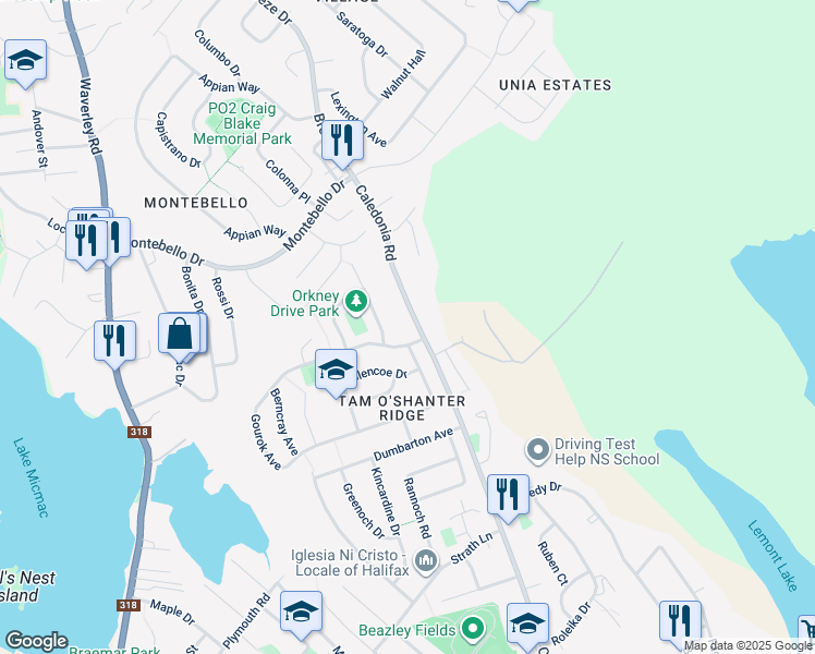 map of restaurants, bars, coffee shops, grocery stores, and more near 182 Caledonia Road in Dartmouth