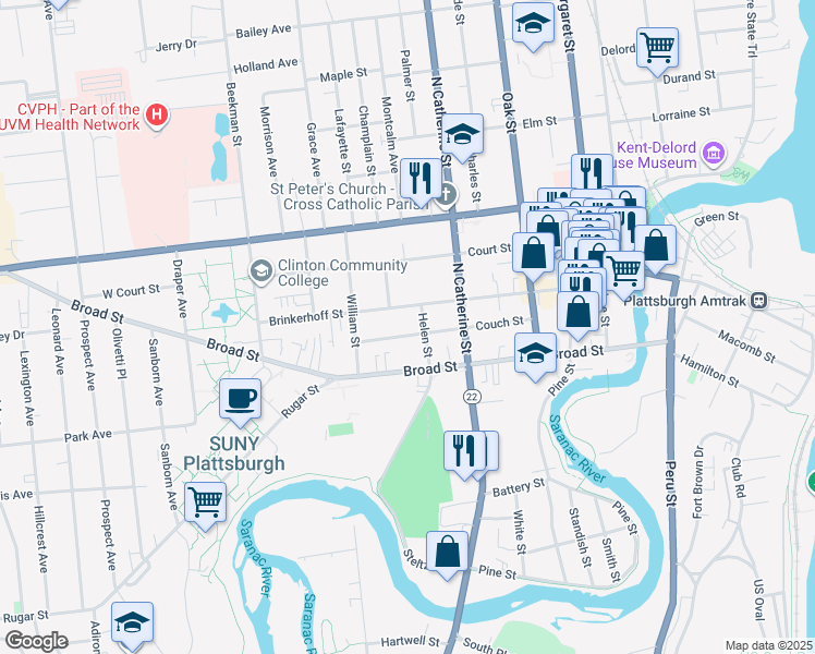 map of restaurants, bars, coffee shops, grocery stores, and more near 37 Couch Street in Plattsburgh