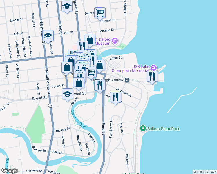 map of restaurants, bars, coffee shops, grocery stores, and more near 1 Hamilton Street in Plattsburgh