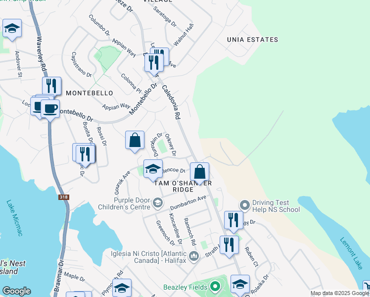 map of restaurants, bars, coffee shops, grocery stores, and more near 182 Caledonia Road in Dartmouth