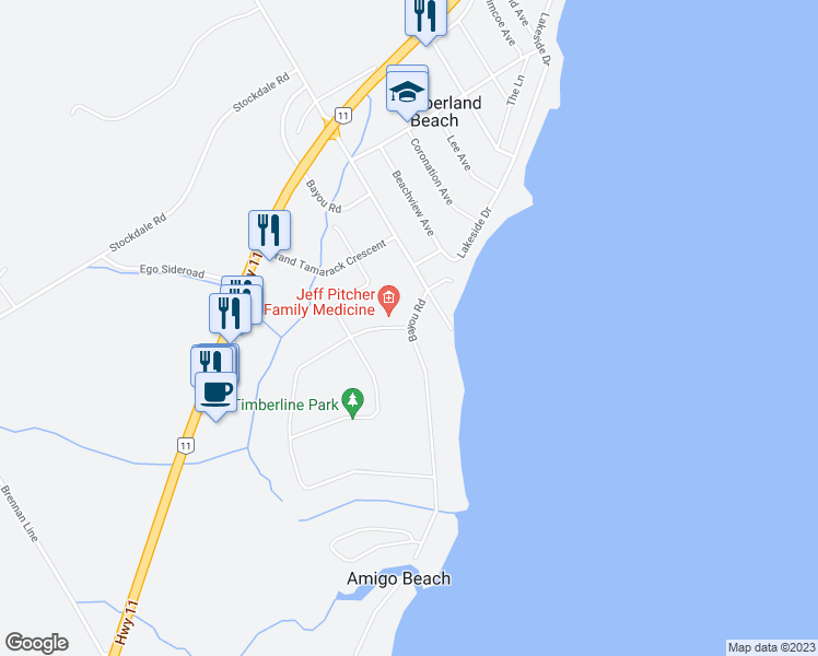 map of restaurants, bars, coffee shops, grocery stores, and more near Bayou Road in Simcoe County