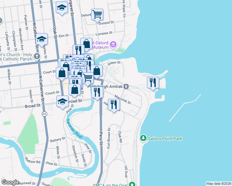 map of restaurants, bars, coffee shops, grocery stores, and more near 16 Macomb Street in Plattsburgh