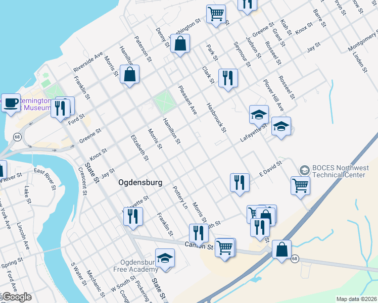 map of restaurants, bars, coffee shops, grocery stores, and more near 810 Lafayette St in Ogdensburg