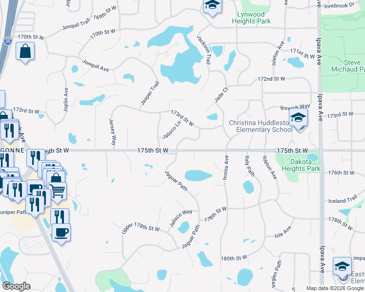 map of restaurants, bars, coffee shops, grocery stores, and more near 17515 Jacobite Court in Lakeville