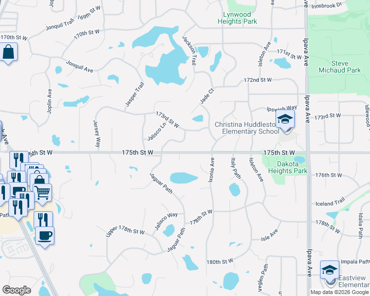 map of restaurants, bars, coffee shops, grocery stores, and more near 17512 Jacobite Court in Lakeville