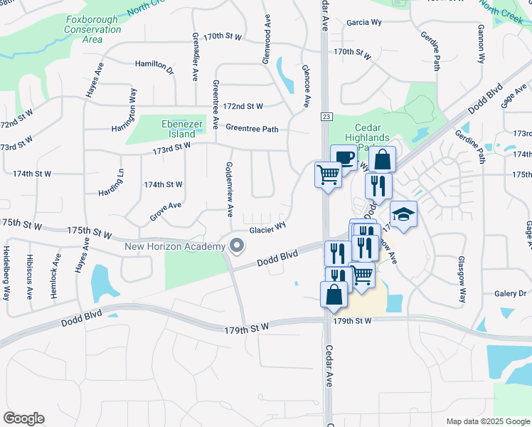 map of restaurants, bars, coffee shops, grocery stores, and more near 17403 Glacier Way in Lakeville