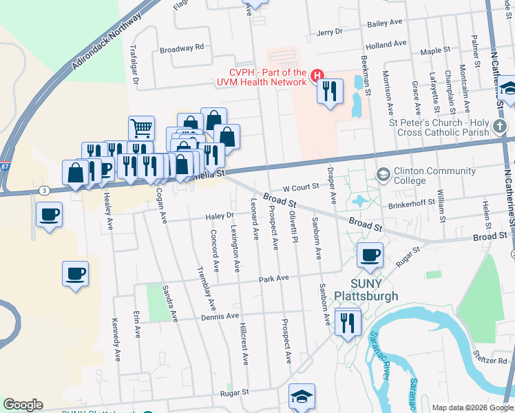 map of restaurants, bars, coffee shops, grocery stores, and more near 3 Leonard Avenue in Plattsburgh