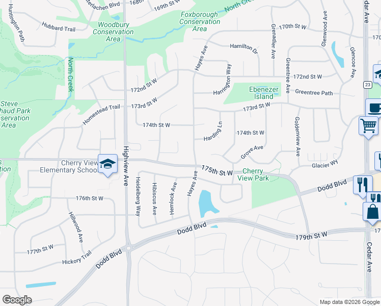 map of restaurants, bars, coffee shops, grocery stores, and more near 17493 Hayes Avenue in Lakeville