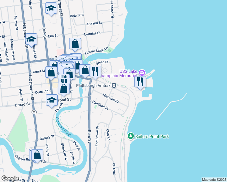 map of restaurants, bars, coffee shops, grocery stores, and more near 5 Macdonough Street in Plattsburgh