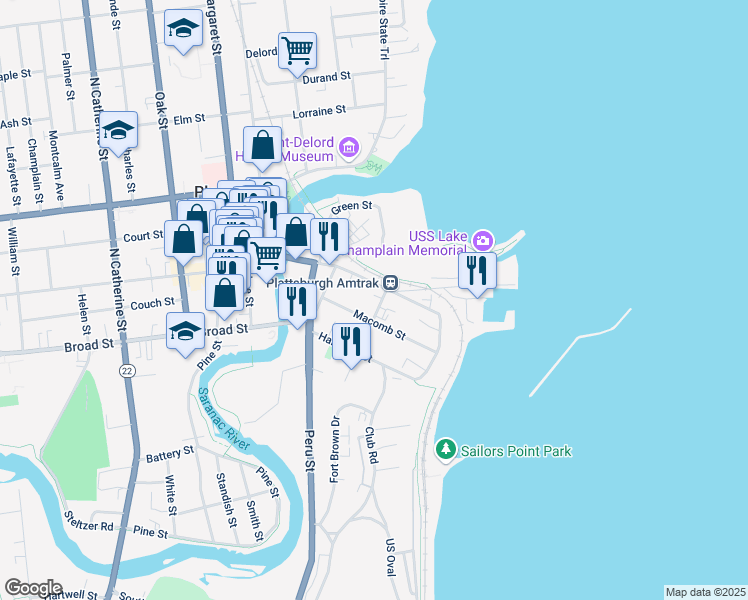 map of restaurants, bars, coffee shops, grocery stores, and more near 16 Macomb Street in Plattsburgh