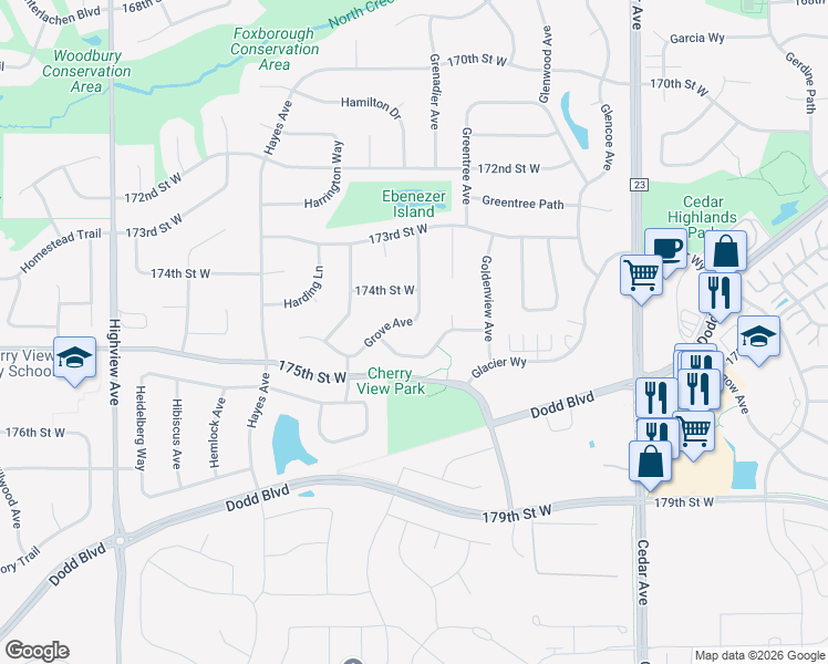 map of restaurants, bars, coffee shops, grocery stores, and more near 17480 Goodland Path in Lakeville