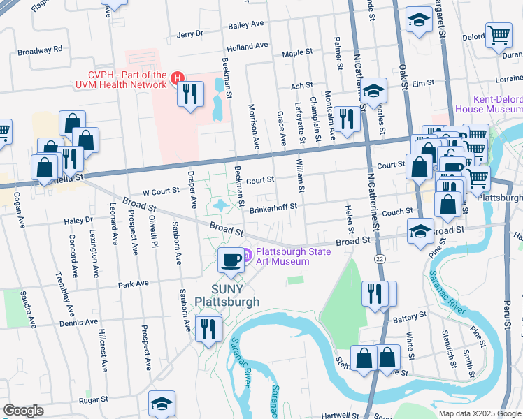 map of restaurants, bars, coffee shops, grocery stores, and more near 144 Brinkerhoff Street in Plattsburgh