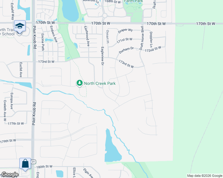 map of restaurants, bars, coffee shops, grocery stores, and more near 173rd Street West in Farmington