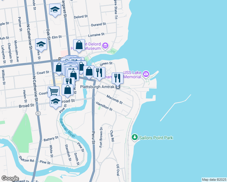 map of restaurants, bars, coffee shops, grocery stores, and more near 121 Bridge St in Plattsburgh