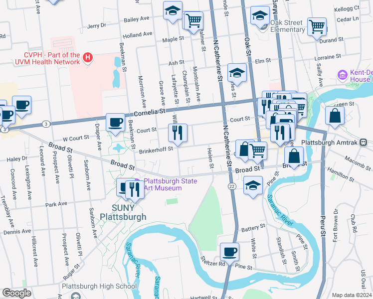 map of restaurants, bars, coffee shops, grocery stores, and more near 11 Pleasant Street in Plattsburgh