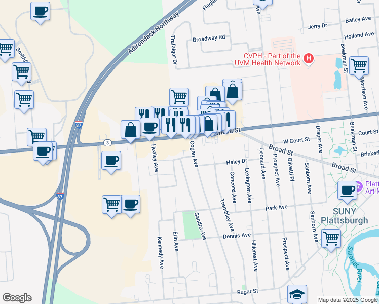 map of restaurants, bars, coffee shops, grocery stores, and more near 333 Cornelia Street in Plattsburgh