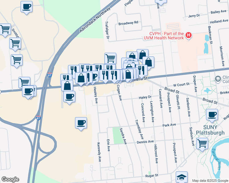 map of restaurants, bars, coffee shops, grocery stores, and more near 333 Cornelia Street in Plattsburgh