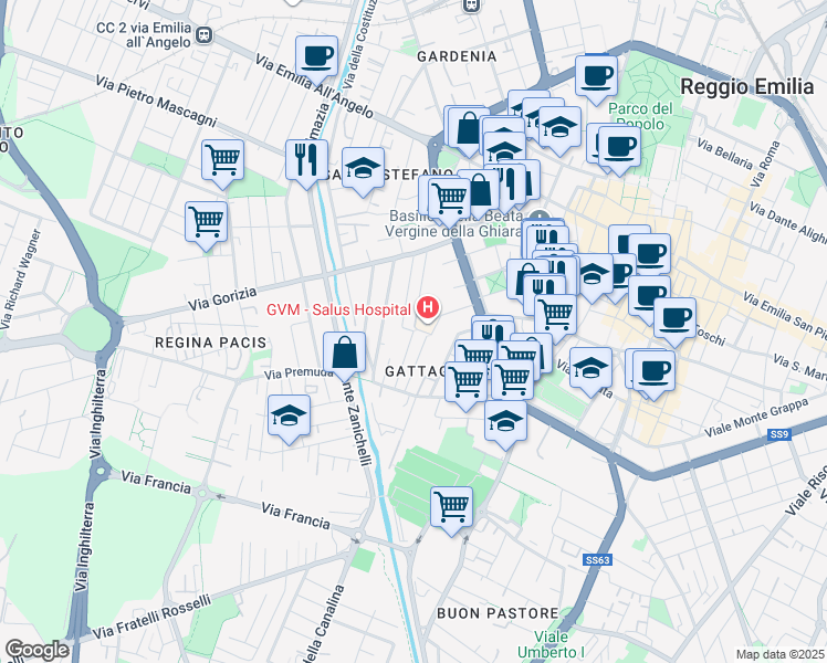map of restaurants, bars, coffee shops, grocery stores, and more near 7 Via Curtatone in Reggio Emilia