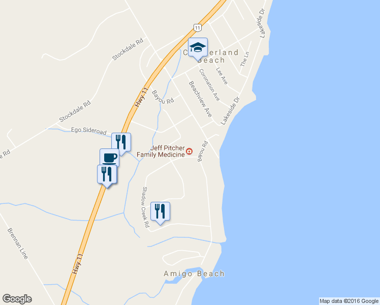 map of restaurants, bars, coffee shops, grocery stores, and more near 3498 Shadow Creek Road in Orillia