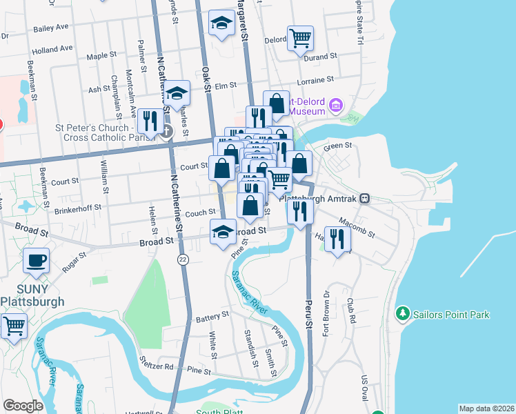 map of restaurants, bars, coffee shops, grocery stores, and more near 10 Brinkerhoff Street in Plattsburgh