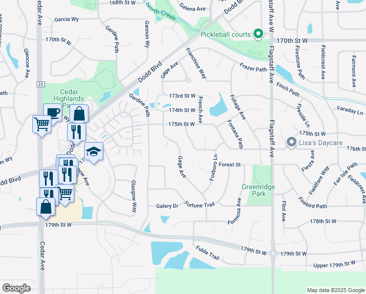 map of restaurants, bars, coffee shops, grocery stores, and more near 17520 Gage Avenue in Farmington