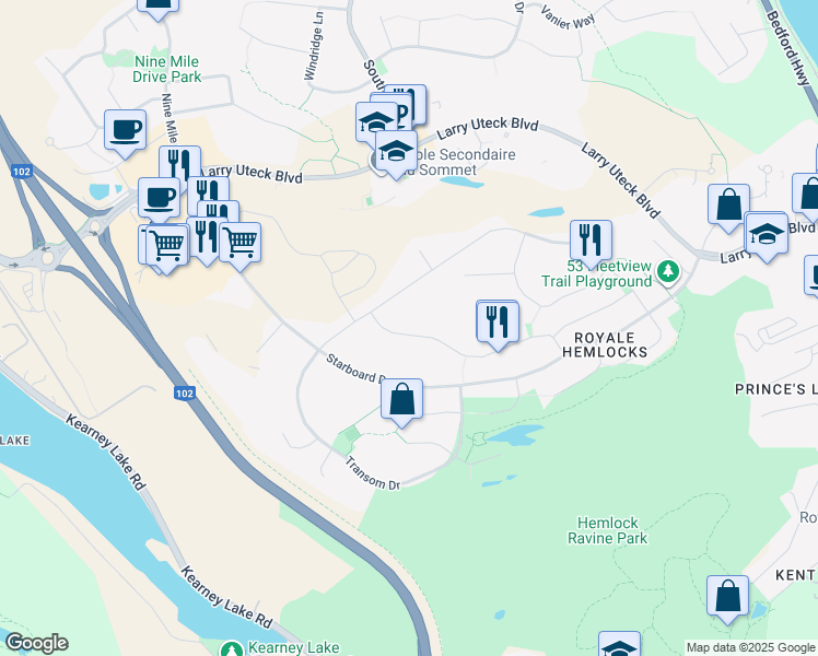 map of restaurants, bars, coffee shops, grocery stores, and more near 175 Cutter Drive in Halifax