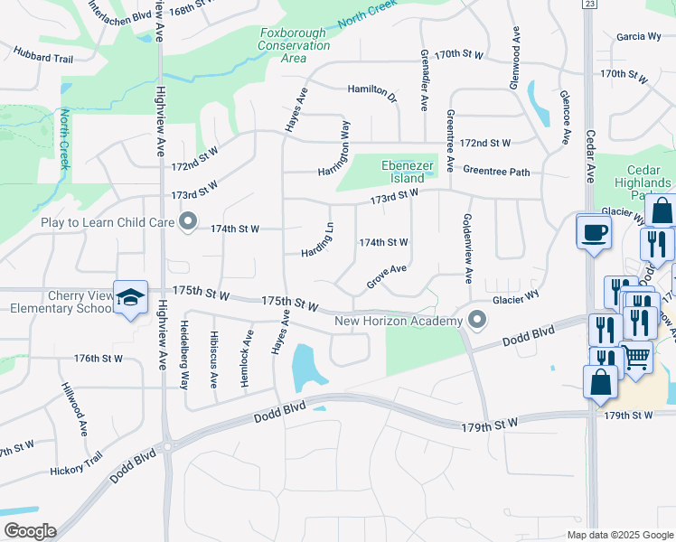 map of restaurants, bars, coffee shops, grocery stores, and more near 17455 Halifax Path in Lakeville