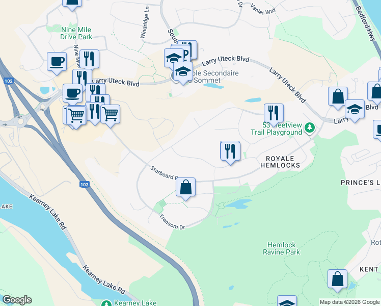 map of restaurants, bars, coffee shops, grocery stores, and more near 175 Cutter Drive in Halifax