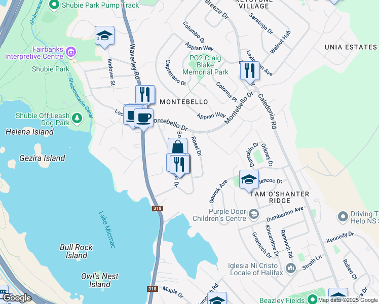 map of restaurants, bars, coffee shops, grocery stores, and more near 7 Rossi Drive in Dartmouth