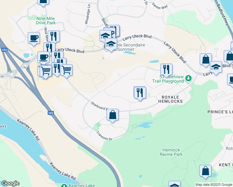 map of restaurants, bars, coffee shops, grocery stores, and more near 175 Cutter Drive in Halifax